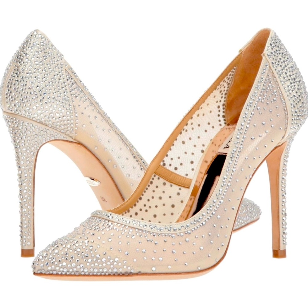 BADGLEY MISCHKA SATIN PUMP WITH JEWELED RHINESTONES.